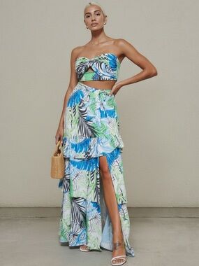 Tropical Blue and Green Foliage Print Crop Top Skirt 2 PC Set
